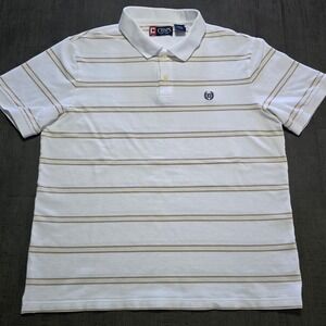 Chaps Mens Large White Tan Striped Pique Cotton Polo Shirt Short Sleeve